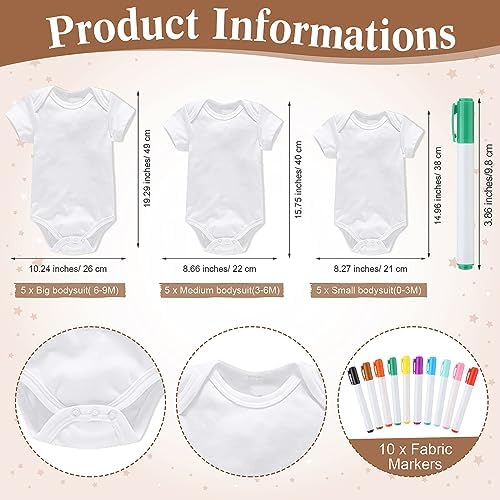Handepo 26 Pcs Baby Shower Games DIY Bodysuit Set 1 Wooden Sign 15 White Bodysuits 10 Fabric Markers for Birth Decorating Kit(Boho) - Image 3