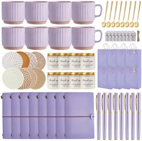 Baby Shower Prizes for Game Winners Baby Shower Games Prizes Ceramic Mugs with Metal Spoons Woven Coasters Notebooks Scented Candles Gift Bags Wedding Bridal Shower Favors for Guests (8, Purple) by WishFond