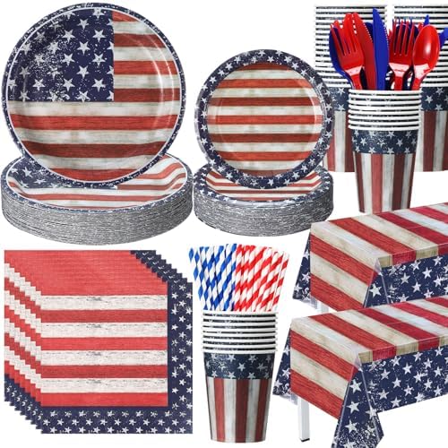 Funnymoom 452 Pcs 4th of July Party Supplies for 50 Guests, Memorial Day Patriotic Paper Plates Napkins Cups Tablecloth Cutlery Straw White Red Blue Tableware for 250th Aniversary Party Decoration by Funnymoom