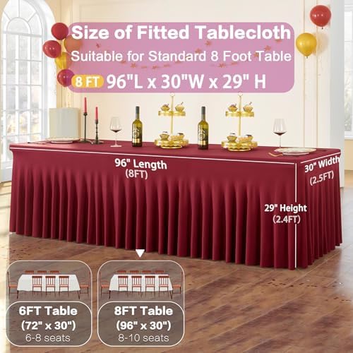 6 Pack Burgundy Spandex Tablecloth for 8 Foot Rectangle Tables, Wrinkle Free Fitted Table Cloth Cover 8FT Maroon Stretchy Tablecloths with Skirt for Parties Weddings Birthday Banquet Baby Shower - Image 5