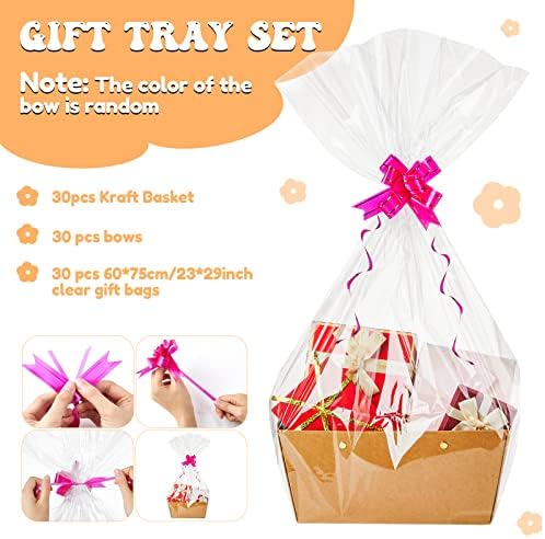 Tuanse 30 Pcs Basket for Gift Empty DIY Bulk Gift Basket Kit with Handle Kraft Cardboard Tray with 30 Bag 30 Bow Market Tray for Wedding Party, Brown, 12.6 x 9.8 x 5.9 in - Image 4