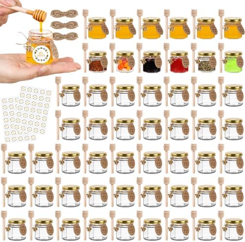 AuroTrends 1.5oz Mini Hexagon Honey Jars 60-Pack with Lids & Dippers by AuroTrendsDirect