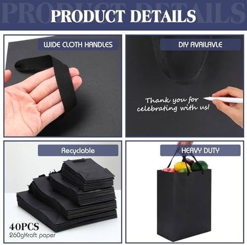 PerKoop 40 Pack Kraft Gift Bags with Handles 4 Sizes,Vertical,Black - Image 3