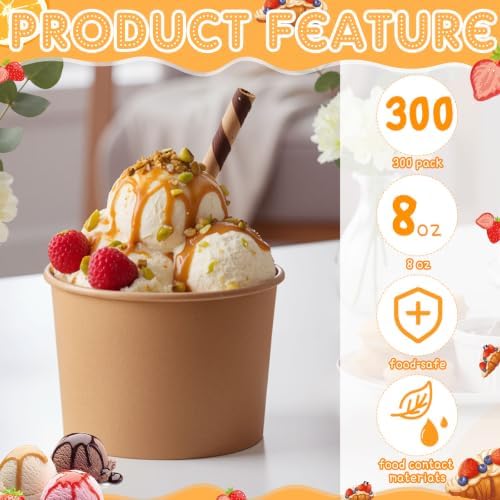 Honeydak 300 Pieces Kraft Paper Cup 8 Oz Disposable Ice Cream Dessert Bowls - Image 5