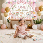 One Silly Goose Baby Shower Backdrop Pink Plaid Floral Funny Silly Goose Decorations for Girl First Birthday Photography Background Banner Photo Booth Props 8x6ft - Image 6