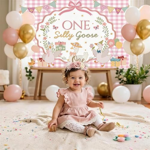 One Silly Goose Baby Shower Backdrop Pink Plaid Floral Funny Silly Goose Decorations for Girl First Birthday Photography Background Banner Photo Booth Props 8x6ft - Image 6