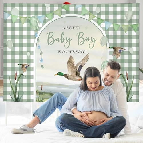 MEHOFOND 10x7ft Mallard Duck Baby Shower Backdrop Duck Hunting Boy Baby Shower Party Decorations a Sweet Baby Boy is on his Way Photography Background It's a Boy Party Supplies Photo Booth Props - Image 4