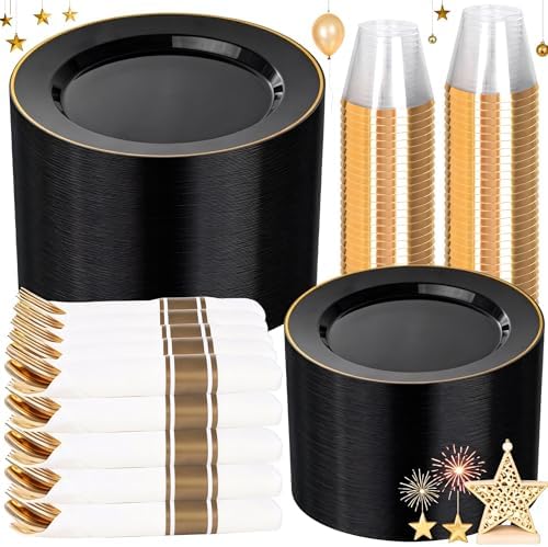 SUT 350 Pcs Black and Gold Plastic Dinnerware Set for 50 Guests, Include: 50 Dinner Plates, 50 Dessert Plates, 50 Pre Rolled Napkins With Silverware, 50 Cups, Disposable Plates for Party by SeeYouTomorrow