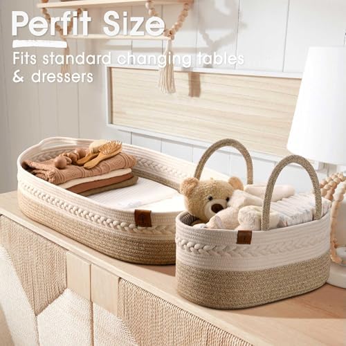 Baby Changing Basket Includes Diaper Caddy - Soft & Waterproof Dual-Cover, Portable, Changing Pad for Dresser & Changing Table, Gift for Baby Shower, Organic Cotton Rope - Image 2