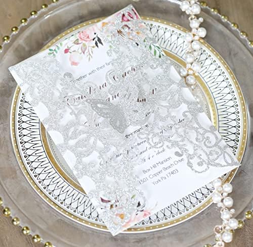 50sets Glitter Laser Cut Lace Flora Wedding Invitation Cards with Butterfly and Envelopes for Bridal Shower Engagement Quinceañera Wedding Invite (Only invitation Cards, Glitter Silver) - Image 4