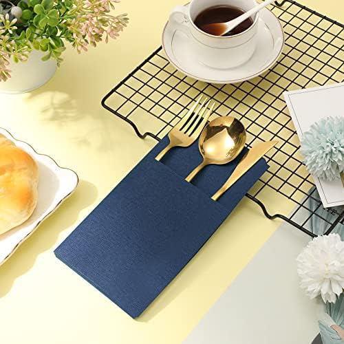 Cindeer 75 Pcs Navy Blue Linen Dinner Napkins with Built in Flatware - Image 5