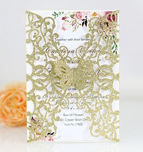 50sets Glitter Laser Cut Lace Flora Wedding Invitation Cards with Butterfly and Envelopes for Bridal Shower Engagement Quinceañera Wedding Invite (Whole Set, Glitter Gold) by Cylallen