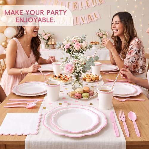 350 Pcs Pink Rim Paper Plates and Napkins Party Supplies - Image 6