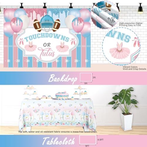 Touchdowns or Tutus Gender Reveal Decorations, Baby Boy or Girl Gender Reveal Decorations, Football Party Decor Backdrop Balloon Banner Tablecloth Cake Cupcake Topper Box Sash Pink Blue - Image 4