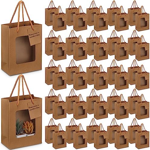 50 Pcs 7.5 x 3 x 6 in Brown Kraft Paper Gift Bags with Window & Handles by Fuutreo