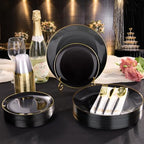350 Pieces Black Gold Plastic Dinnerware Set, Gold Disposable Plates for Party, Include 100 Black Plates with 150 Plastic Cutlery, 50 Napkins and 50 Cups - Image 4