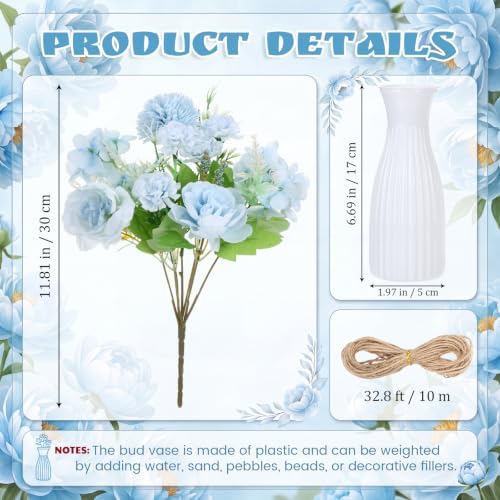 12 Set Artificial Hydrangea Peony Flowers with Vase, Blue - Image 2