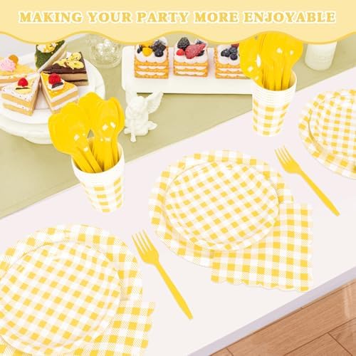 Vyntra 350-Pc Yellow Gingham Paper Plates and Napkins Party Supplies - Image 7