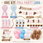 92Pcs Boots and Bows Gender Reveal Decorations Include Banner-Balloons-Cake Topper-Cupcake Toppers-Aluminum Film Balloons Gender Reveal Pins for Boots and Bows Party Decorations - Image 2