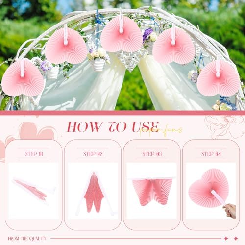 Blulu 60 Pack Wedding Heart Folding Hand Fans Decor Bulk, Pink - Image 3