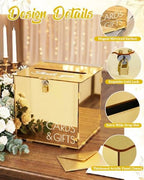 Gold Acrylic Wedding Card Box with Slot and Lock, Metallic Mirror Card Holder for Reception, Graduation, Bridal, Baby Shower, Birthday Party, Classy Golden Decorative Gift Boxes for Money Envelope - Image 4
