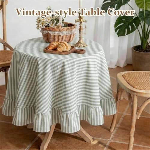 Sage Green Striped Ruffle Tablecloth 70" Round Farmhouse Flounces Trim Table Cover for Seat 4-6 for Picnic Dining Kitchen Party Wedding Decor - Image 7