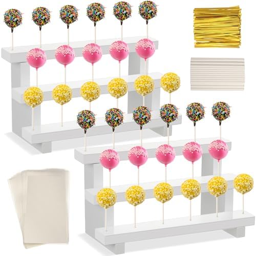 Tuanse 2 Pack Wooden Cake Pop Stand 3 Tier Cake Pop & Lollipop Display Holder with 100 Treat Bags Lollipop Sticks and Gold Twist Ties for Dessert Table Wedding Baby Shower Birthday Party(Wood) by Tuanse