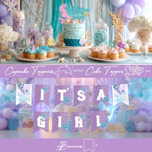 Hombae Mermaid Baby Shower Decorations Include Our Little Mermaid Is on the Way Backdrop, Balloon Garland, Banner, Tablecloth, Cake Topper, Box for Girls Ocean Under the Sea Baby Shower, 122 PCs - Image 4