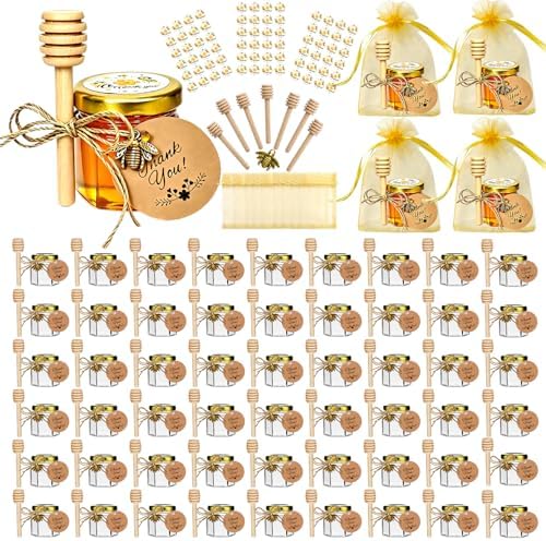 IIKUM 60 Pack 1.5 oz Hexagon Mini Glass Honey Jars with Wooden Dippers, Bee Pendants, Gift Bags, Thank You Cards, Jutes and Cute stickers- Perfect for Baby Shower, Wedding Favors and Party Favors by CelebrateEveryMoment