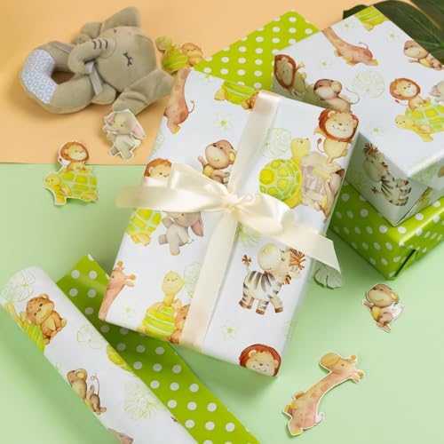 Homeral Baby Shower Jumbo Wrapping Paper Roll - Neutral Cute Safari Animals & Polka Dot Pattern, Reversible Green Newborn Gift Wrap for Baby Shower, 1st Birthday, Party - 30 Inch x 100 Feet - Image 2