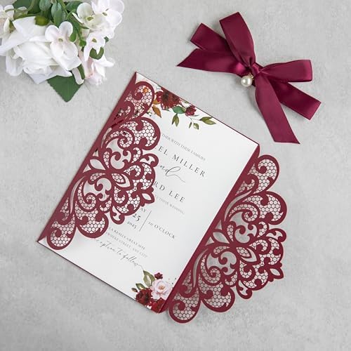 20Pcs Burgundy Laser Cut Wedding Invitation Cards With Envelopes - Image 5