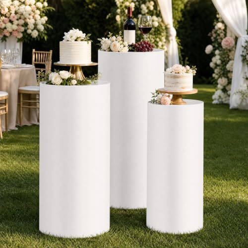 3PCS White Cylinder Pedestal Stands for Party Round Metal Pedestal Display Stands Dessert Table Decoration Pillars Cake Pedestal Plant Stands for Party Birthday Wedding Props - Image 3