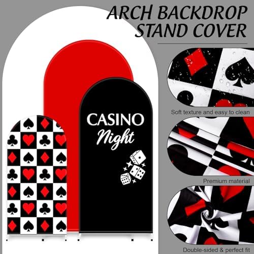 FYSUIMU 3 Pcs Casino Night Arch Backdrop Covers Black Red Dice Playing Card Stretchy Spandex Arch Stand Fabric Cover for Vegas Themed Game Night Poker Birthday Party Decor (4ft/5ft/6ft) - Image 3