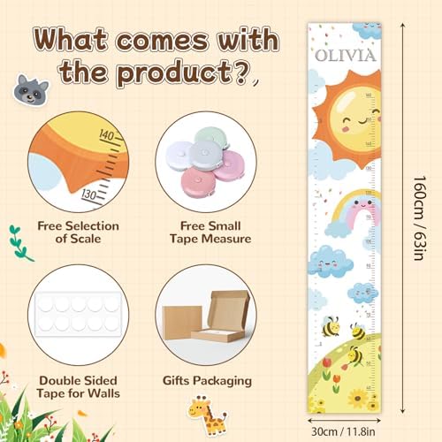 Personalized Growth Chart for Wall, Sun Rainbow Height Growth for Kids, Wooden Name Ruler for Nursery and Playroom, Baby Shower Gift 63" x 11.8" - Image 2