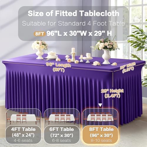 2 Packs Purple Spandex Table Covers 8 Foot, Fitted Stretch Table Cloth with Skirts 96x30 Inch, Wrinkle-Free Floor Length Rectangle Tablecloths for Trade Show Weddings Parties Banquets Events - Image 3