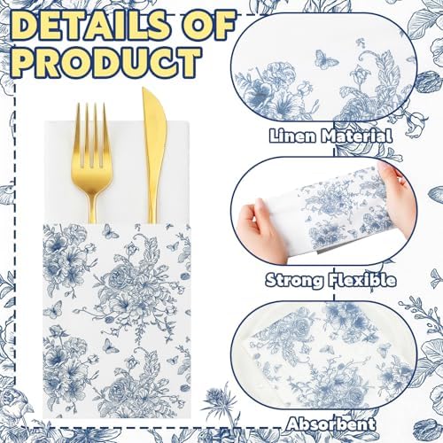 Potchen 100 Pcs Linen Feel Napkins Disposable, Something Blue Floral - Image 2