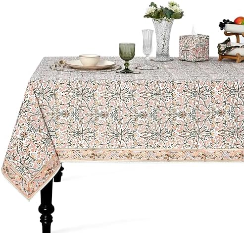Ridhi Salmon & Green Hand Block Print Cotton Tablecloth 140 x 72 Inch by Ridhi