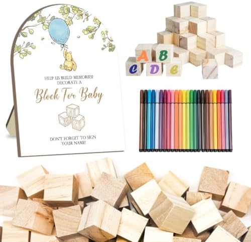 Winnie Baby Shower Decorations, Winnie Baby Shower Blocks Game Set, Fun Party Activity Set, 24 Acrylic Paint Pens with 50 Blank Wooden Blocks for Baby Shower Game and Table Decorations, Gender Reveal by Kihraw