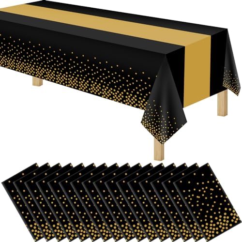 16 Pack 2in1 Disposable Plastic Tablecloths 54" x 108" Black and Gold Dot Kitchen Table Cloth Rectangle Table Cover for Wedding Birthday Baby Shower Anniversary Christmas New Year Graduation by Unknown
