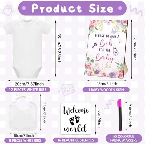 Chuarry 43 Pcs DIY Bibs Decorating Kit 8 Bodysuits 8 Pcs 2 Ply White Bibs 10 Fabric Markers 16 Stencils Baby Shower Sign(Flower) - Image 2