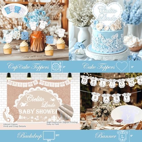 Cielito Lindo Baby Shower Decorations for Boys – 120PCs Cielito Lindo Party Supplies with Mexican Fiesta Boho Style Backdrop, Blue White Balloon Garland, Poster, Box, Sash and Badge - Image 4