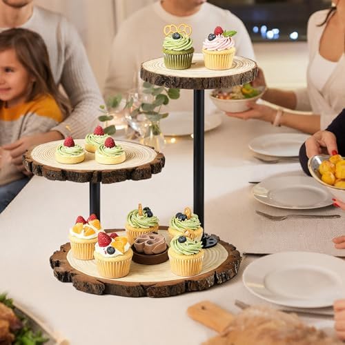 Chunful 3 Tier Round Natural Wood Cupcake Dessert Stand, Cup Cake Tower Stand Holder, Wooden Cake Display Tiered Centerpiece for Party, Birthday, Wedding, Baby Shower, Holiday Decoration - Image 3