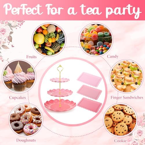 FoldTier 6 Pack Cupcake Stand Set 3 Pcs 3 Tier Gradient Dessert Table Display Stands Cookie Tray Rack 3 X14 in Rectangle Party Trays for Wedding Birthday Tea Party Baby Shower (Pink,Round) - Image 6