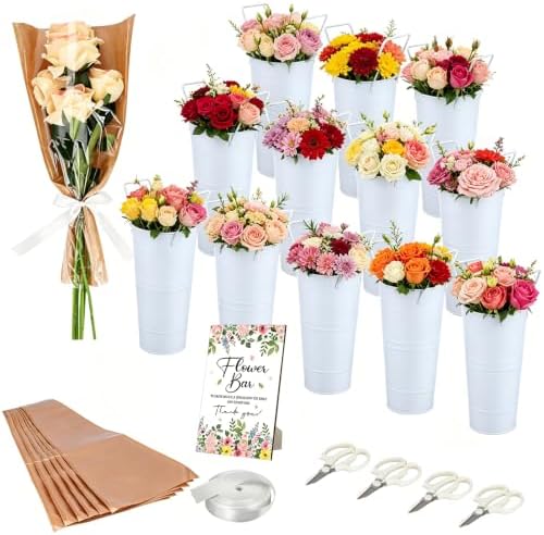 68 Pcs Flower Bar Buckets Kit 12pcs Galvanized Bucket Floral Shears Wood Sign Kraft Paper Flower Gift Bags with Ribbon, Bloom Bar Supplies for Wedding Bridal Baby Shower Birthday Table Centerpieces by Unknown