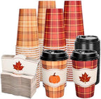 Whaline 50 Pcs Fall Thanksgiving Buffalo Plaid Disposable Coffee Cup with Lids and Sleeves Rustic Pumpkin Maple Leaf Paper Drinking Cups for Autumn Harvest Thanksgiving Party Supplies by Whaline