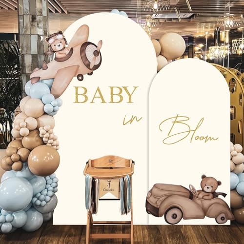 Set of 2 Arch Backdrop Cover 7.2FT, 6FT Beige and Baby in Bloom and Happy Engagement Decal Sign - Adjustable Wedding Arch Cover Spandex for Wedding Birthday Baby Shower Banquet Decoration - Image 5