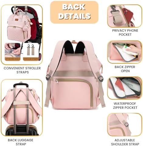 ROSEGIN Pink Diaper Bag Backpack for Baby Girls - Baby Shower Gifts for Mom, Quilted Diaper Bag with Changing Pad, Pacifier Case, Insulated Pockets, Stroller Straps, 35L Large Capacity - Cute - Image 4