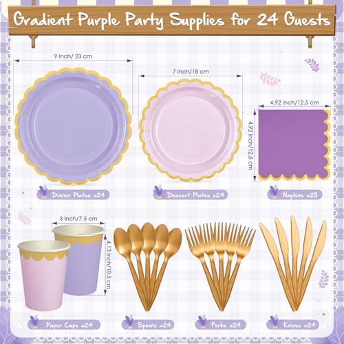 Mimorou 169 Pcs Purple Plates Napkins Cups Flatware Set - Image 2