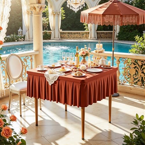 Wish Care 2 Pack Rust Spandex Tablecloths for 34x34 Inch Square Tables, Stretch Fitted Table Clothes with Pleated Ruffle Skirt for 34” Table, Wrinkle Free and Elastic, for Party Kitchen Home Dining - Image 2