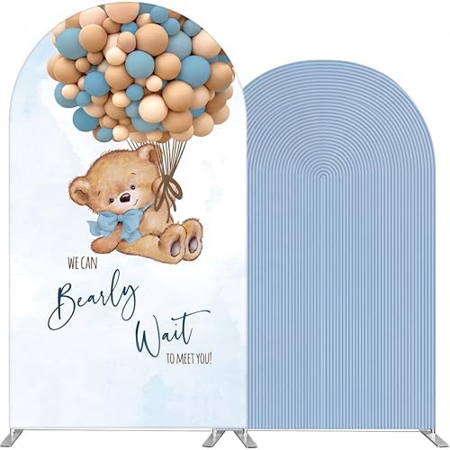 Tegeme 2 Pcs Blue Teddy Bear Arch Backdrop We Can Bearly Wait to Meet You by Tegeme